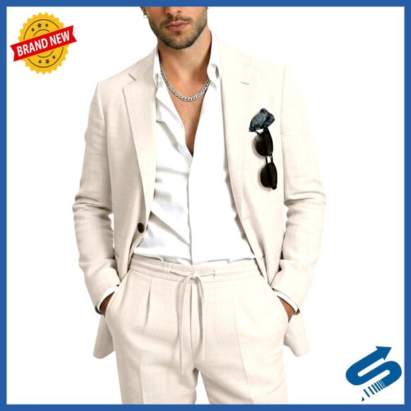 Linen Suit 2-Piece Slim Fit Blazer Drawstring Pants Wedding Prom